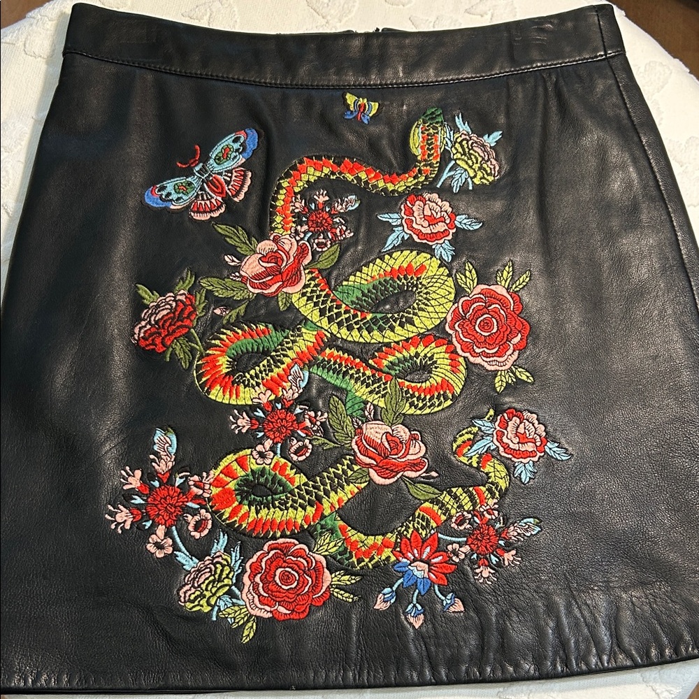 Real Leather Embroidered Mini Skirt